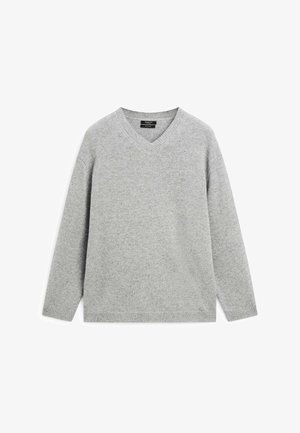 Grijze V-hals trui gemaakt van zachte gebreide stof, met lange mouwen, geribbelde manchetten en een relaxte pasvorm met een gladde textuur.