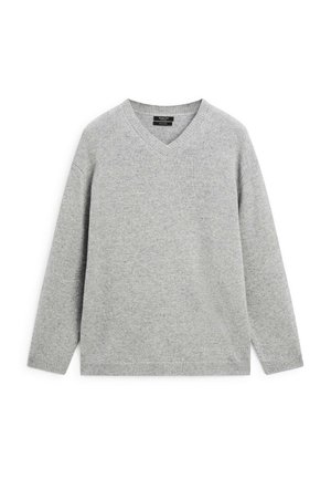 Grijze V-hals trui gemaakt van zachte gebreide stof, met lange mouwen, geribbelde manchetten en een relaxte pasvorm met een gladde textuur.