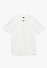 Vit kortärmad polo med dragkedja, med en slät textur och en minimalistisk design.