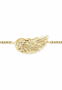 Bracciale a forma di ala d'oro con una dettagliata texture a forma di piuma sull'ala. La catena è fine e delicata, complementando il design dell'ala.
