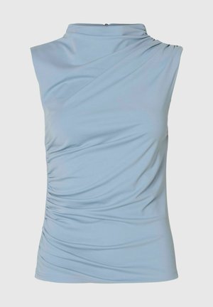 Haut bleu clair sans manches avec un col montant et des détails froncés d'un côté et sur tout le corps.