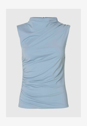 Haut bleu clair sans manches avec un col montant et des détails froncés d'un côté et sur tout le corps.