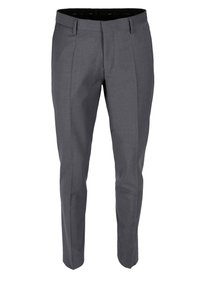Grau es Hose aus einem glatten Stoff, mit Vorderfalten, Gürtelschlaufen und einer taillierten Passform. Keine sichtbaren Taschen oder Muster.