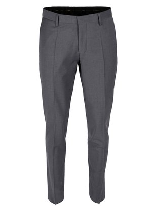 Grau es Hose aus einem glatten Stoff, mit Vorderfalten, Gürtelschlaufen und einer taillierten Passform. Keine sichtbaren Taschen oder Muster.