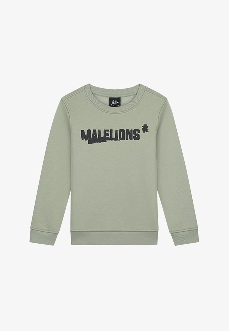 Sweat-shirt vert clair à col rond et manches longues, logo "MALELIONS" noir et petit motif de lion sur la poitrine, présenté sur fond uni.