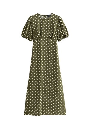 Olijfgroene midi-jurk met witte polka dots, pofkorte mouwen, een geplooide taille en een ronde halslijn.