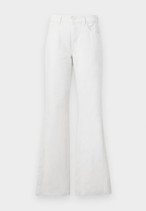 Valged lõhikudega teksad kõrge vöökohaga, millel on esi-taskud, vöökoharihmad ja klassikaline nööbikinnitus. Sile tekstuur, juhuslik disain.