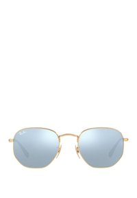 Gafas de sol de metal dorado con lentes azules en forma octagonal, que cuentan con un doble puente y almohadillas nasales transparentes. Logo de Ray-Ban en la lente superior izquierda.
