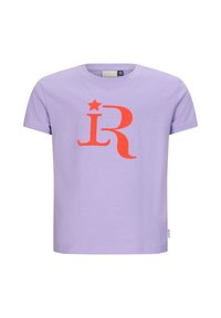 Lilak korte mouwen t-shirt van katoen, met een grote fluorescerende oranje letter "R" met daarboven een ster.