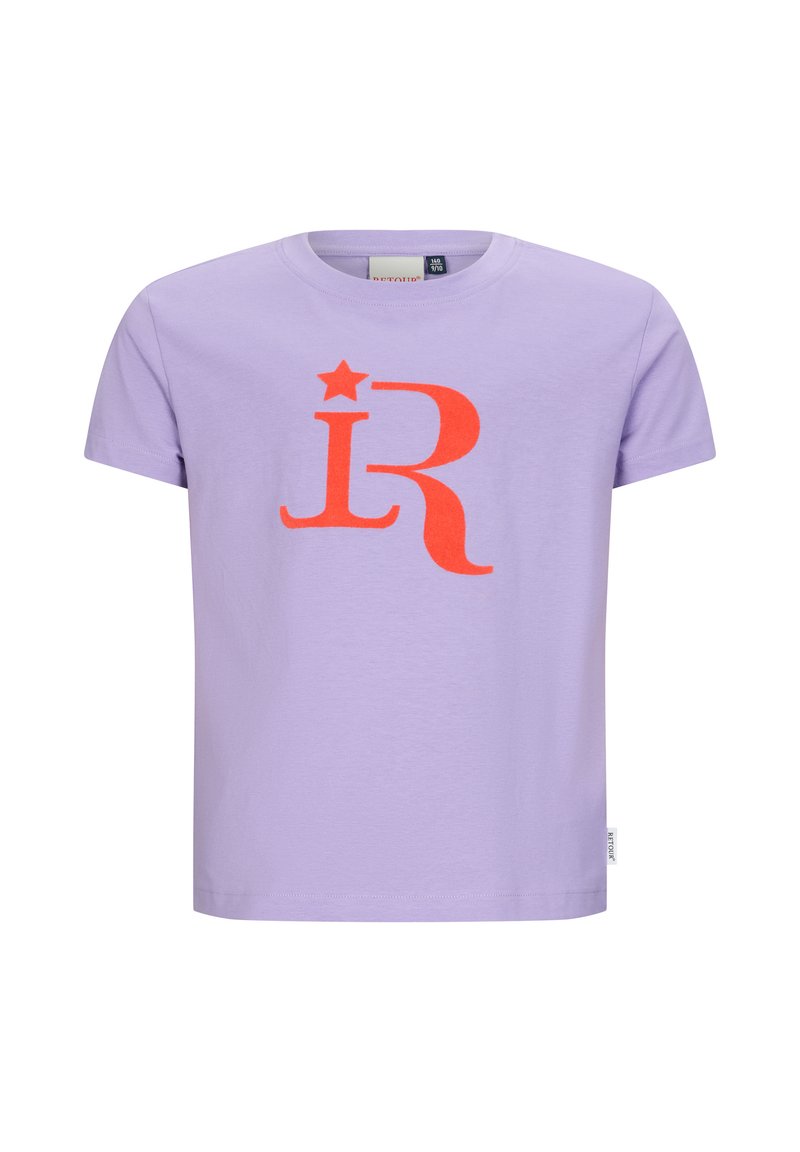 Lilak korte mouwen t-shirt van katoen, met een grote fluorescerende oranje letter "R" met daarboven een ster.