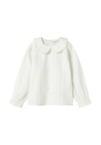 Witte blouse met lange mouwen, een ronde Peter Pan-kraag, verticale plooidetails aan de voorkant en elastische manchetten aan de mouwen.