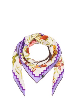Foulard quadrato di seta con bordo a zigzag viola e motivi floreali e fruttati colorati su fondo bianco.