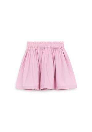 Falda recogida de color rosa claro con cintura elástica, de longitud hasta la rodilla, hecha de tela suave y liviana, mostrada sobre un fondo blanco.