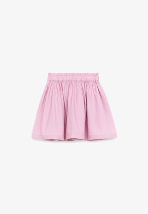 Light pink gathered skirt with elastic waistband, knee-length, made of soft, lightweight fabric, displayed against a white background.
