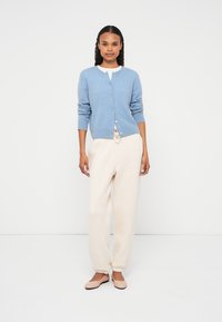 Ανοιχτό μπλε ζακέτα με κουμπιά, φορεμένη πάνω από λευκή μπλούζα. Συνδυασμένη με κρεμ παντελόνι και ροζ μπαλαρίνες. Ομαλή υφή.