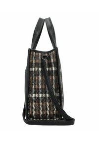 Sac à main en cuir synthétique noir avec un motif en textile tissé à carreaux dans des tons de marron, blanc et noir. Dispose de deux poignées et d'une bandoulière amovible.