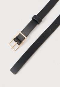 Black leather belt with a gold-tone rectangular buckle, features a smooth texture, and multiple adjustment holes along the strap.