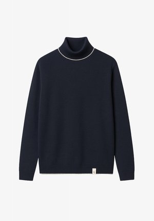 Maglione dolcevita blu navy realizzato in tessuto morbido, con un'accento argentato intorno al collo, polsini a coste e una piccola etichetta con logo all'orlo.