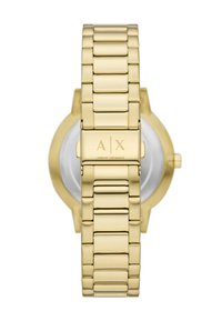 Reloj de metal con tono dorado que presenta una pulsera de eslabones, caja redonda y una esfera minimalista con un gran logo A|X en el cierre.