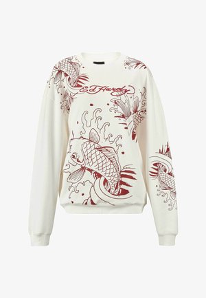 Sweatshirt blanc avec des motifs de carpes koi rouges et de vagues, col rond, poignets et ourlet côtelés, avec le logo "Ed Hardy" en script à l'avant.