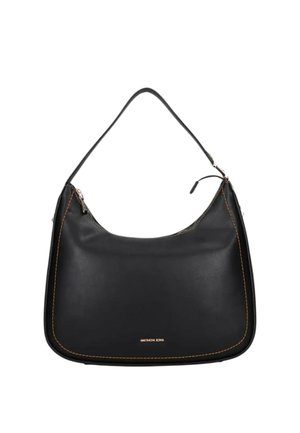 Borsa a tracolla in pelle nera con una singola tracolla, cerniera superiore e cuciture color senape lungo i bordi, etichettata "Ortononi Roma" al centro frontale.