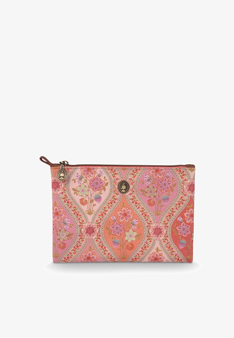 Rectangular pink floral-patterned zip pouch with curved stripe design, metal zipper pull, and decorative emblem at the center.