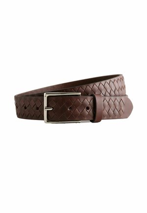 Brown leather belt with woven texture and silver rectangular buckle, coiled against a white background.