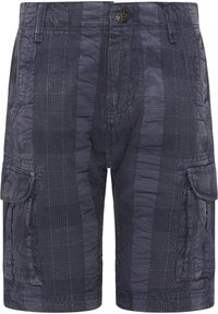 Kargo šortky v tmavě modré barvě s texturovaným kostkovaným vzorem, několika kapsami a zapínáním na knoflík s vyztuženým švem.