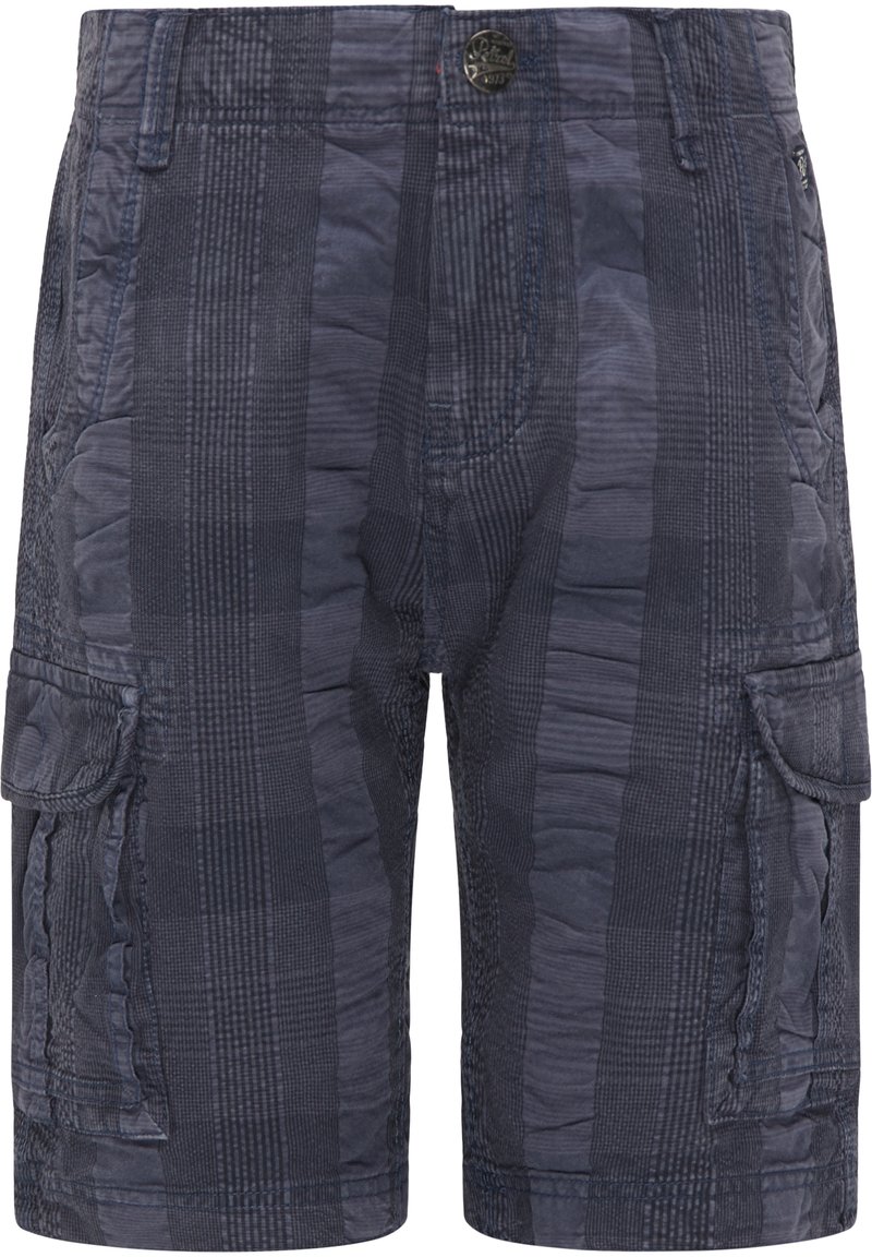 Kargo šortky v tmavě modré barvě s texturovaným kostkovaným vzorem, několika kapsami a zapínáním na knoflík s vyztuženým švem.