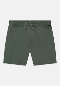 Shorts in cotone verde con cintura elastica regolabile, due tasche laterali e un tessuto morbido e texture. Taglio a lunghezza media con un design casual.