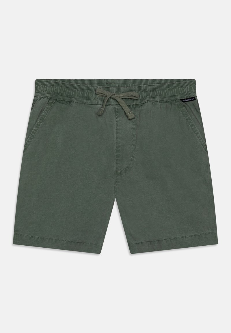 Shorts in cotone verde con cintura elastica regolabile, due tasche laterali e un tessuto morbido e texture. Taglio a lunghezza media con un design casual.
