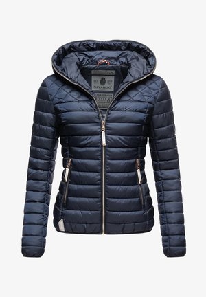 Giacca piumino trapuntata blu navy con cappuccio, zip frontale e due tasche laterali con zip, mostrata su sfondo bianco.