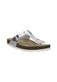 Tongs en métal argenté avec une sangle texturée, semelle blanche, semelle en liège et un détail de boucle sur le côté.