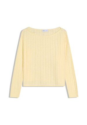 Lichtgele kabelgebreide trui met lange mouwen, ronde halslijn en geribbelde manchetten, plat liggend op een witte achtergrond weergegeven.