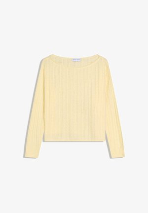 Vaaleankeltainen kaapelikuvioinen pitkähihainen pusero, jossa on pyöreä pääntie ja resorireunaiset hihansuut, esiteltynä tasaisena valkoisella taustalla.