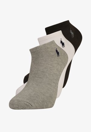 Three pairs of ankle socks in grey, white, and dark brown. Each has a ribbed cuff and features a small blue logo of a horse.