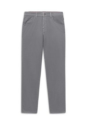 Graue Hose mit geradem Bein, Vorderentaschen, Gürtelschlaufen und einem vorderen Knopf- und Reißverschluss, flach auf weißem Hintergrund dargestellt.