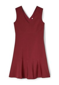 Bordeaux farbenes ärmelloses Kleid mit V-Ausschnitt, tailliertem Oberteil und ausgestellt geschnittenem Saum. Hergestellt aus glattem Stoff mit einem klaren Design und ohne sichtbare Beschläge.
