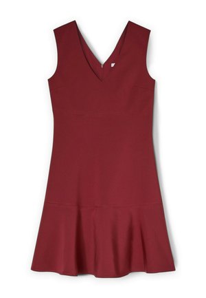 Burgundské bezramínkové šaty s V-výstřihem, přiléhavým tělem a rozšířeným lemem. Vyrobené z hladké tkaniny s jednoduchým designem a bez viditelného kovového spojení.