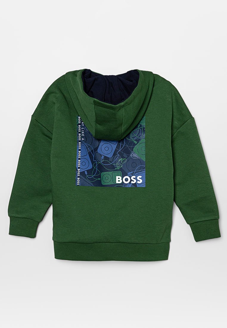 Felpa verde con cappuccio blu navy e stampa grafica sul retro con disegni circolari blu e verdi e il testo "BOSS".