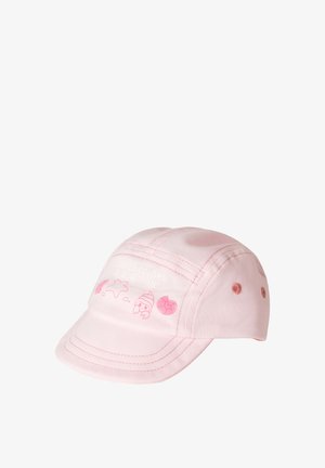 Cappello di cotone rosa chiaro con visiera curvata, decorato con ricami di una stella marina, un gelato e una conchiglia. Inclusa la scritta "United Colors of Benetton".
