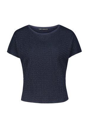 Navyblaues Kurzarmoberteil mit strukturierter, zerknitterter Oberfläche, Rundhalsausschnitt und lässiger Passform. Merkmale einen einfarbigen Saum und ein minimales Design.