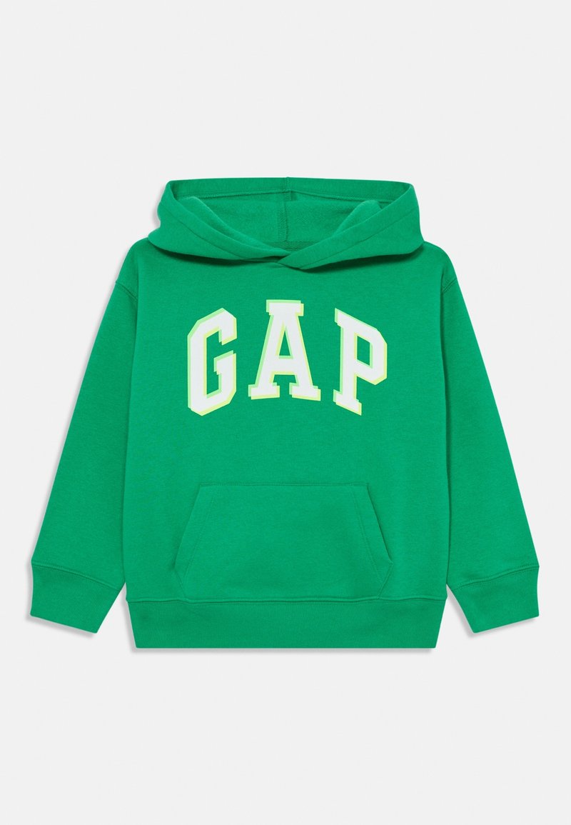 Sweat-shirt à capuche vert avec poche avant et grand lettrage blanc "GAP" sur la poitrine.