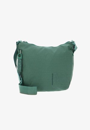 Sac d'épaule en tissu vert avec une surface texturée, fermeture éclair, sangle ajustable, et logo en relief sur le côté et la sangle.