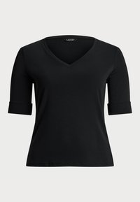 STRETCH COTTON ELBOW-SLEEVE V-NECK TEE - T-paita - black