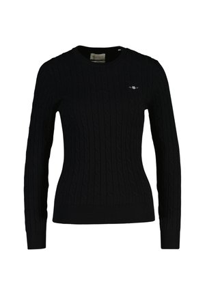 Sort strikket langærmet sweater med rund halsudskæring og lille broderet logo på venstre bryst.
