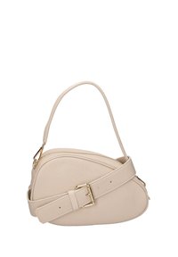 Borsa a tracolla in pelle beige con una forma curva, un manico superiore e una larga tracolla regolabile con dettagli in oro e cerniera.
