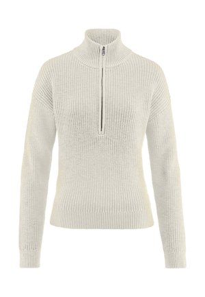 Maglione in maglia di colore crema con colletto alto, mezza zip, polsini e orlo a coste, con un motivo strutturato su tutta la superficie del tessuto.