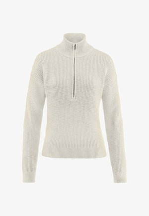 Maglione in maglia di colore crema con colletto alto, mezza zip, polsini e orlo a coste, con un motivo strutturato su tutta la superficie del tessuto.