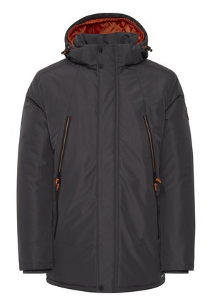 Tumehall soe jakk, millel on oranž sisemus, kõrge krae, tõmblukuga kõrvaltaskud ja reguleeritav kapuuts stringidega.